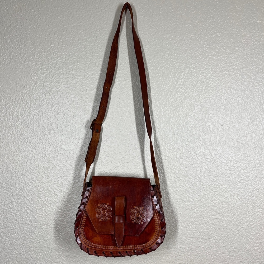 Vintage 70’s Genuine Leather Stitched Embossed Crossbody Bag Mexican Boho - Picture 3 of 11